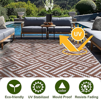 OPPODREAM Outdoor Rug 9x12 Patio Waterproof, Large Outdoor Plastic Straw Rug, Reversible Out Door Carpet for Camping, Deck, Rv, 9 x 12 Area Carpet for Balcony, Porch, Backyard, White and Brown