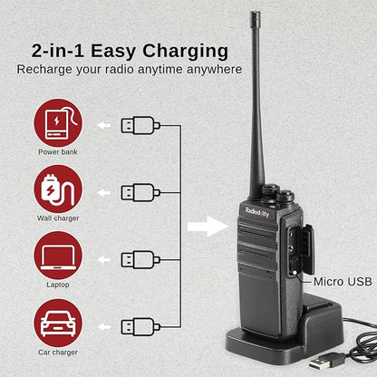 4 Pack Radioddity GA-2S Long Range Walkie Talkies for Adults UHF Two Way Radio Rechargeable with Micro USB Charging + USB Desktop Charger + Air Acoustic Earpiece with Mic, for School Retail Business