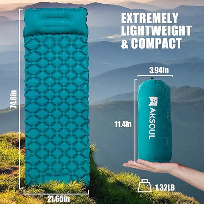 AKSOUL Sleeping Pad Inflatable for Camping: Ultralight & Compact Self Inflating Camp Mat with Built-in Foot Pump, Connectable Portable Air Mattress for Hiking, Backpacking Travel