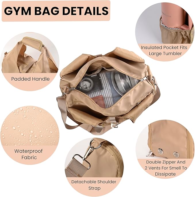 Yoga Bag for Women – 17 Inch Waterproof 210D Polyester, Detachable Strap, Insulated Tumbler Pocket, Double Zipper, Ventilated Gym Tote