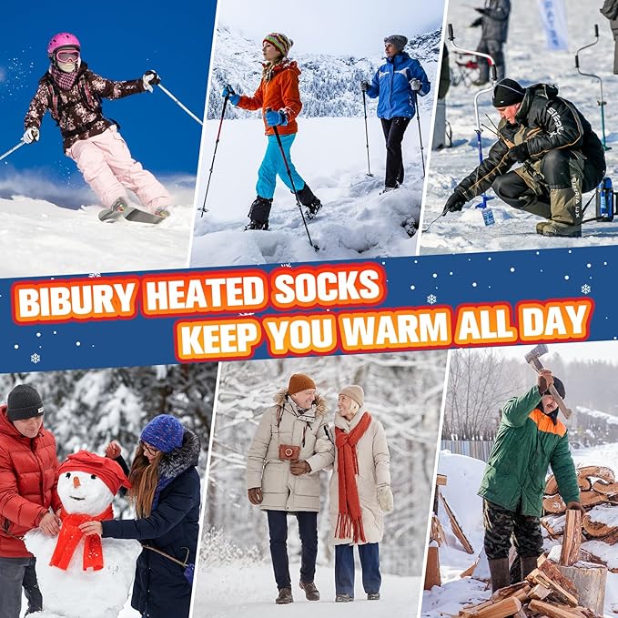 BIBURY Heated Socks for Men Women, Thermostatic Control Battery Powered Heating Socks Up to 8 H, 5000mAh Rechargeable Washable Electric Socks for Outdoor Winter Sports Camping, Skiing, Riding,Hunting