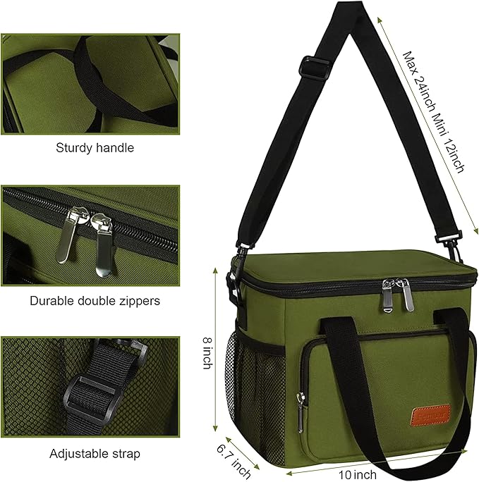 Femuar Lunch Bags for Women/Men, Insulated Lunch Bag for Work Office Picnic - Large Lunch Cooler Bag Leakproof Lunch Box with Adjustable Shoulder Strap for Adults - Army Green