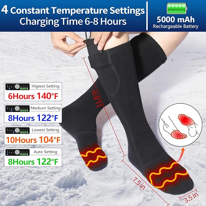 2023 Heated Socks for Men Women, 5V 5000mAh Thermostatic Control Rechargeable Battery Powered Heated Socks Women, Warm Electric Socks for Indoor Outdoor Riding Camping Hiking Hunting Skiing (6-14US)
