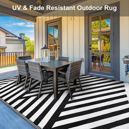 Outdoor Patio Plastic Straw Rug - 9'x18' Outdoor Camping Rug Waterproof Reversible, Area Carpet Patios Clearance RV, Outside Porch Balcony Deck for Camper, White & Black