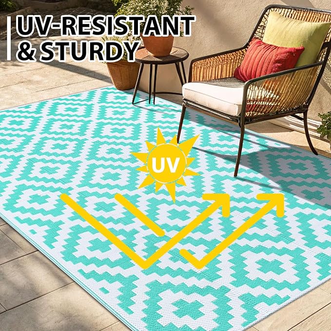 Smiry Waterproof Outdoor Rug 9x12 ft, Reversible Plastic Straw Patio Camping Rugs, Outdoor Indoor RV Mat Carpet for Patio, Outside Entry, Backyard, Deck, Bench, Picnic, Camper, White & Teal
