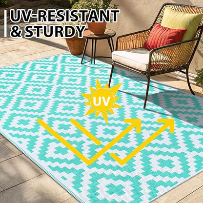 Smiry Waterproof Outdoor Rug 9x12 ft, Reversible Plastic Straw Patio Camping Rugs, Outdoor Indoor RV Mat Carpet for Patio, Outside Entry, Backyard, Deck, Bench, Picnic, Camper, White & Teal