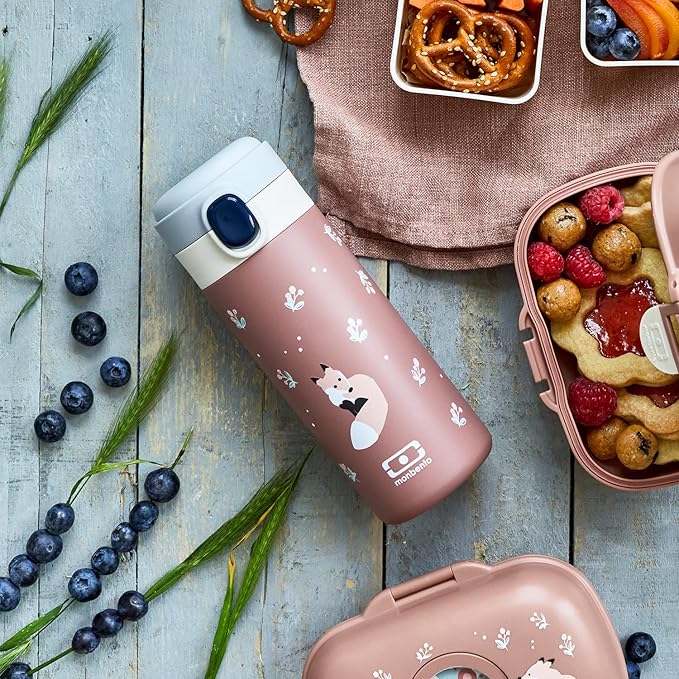MONBENTO - Insulated Water Bottle MB Pop cinnamon Fox - 11 floz/360ml Leakproof Metal Water Bottle - Keeps Drinks Hot/Cold - Stainless Steel Bottle for Kids & Adult - Sports Cap - BPA Free - Fox