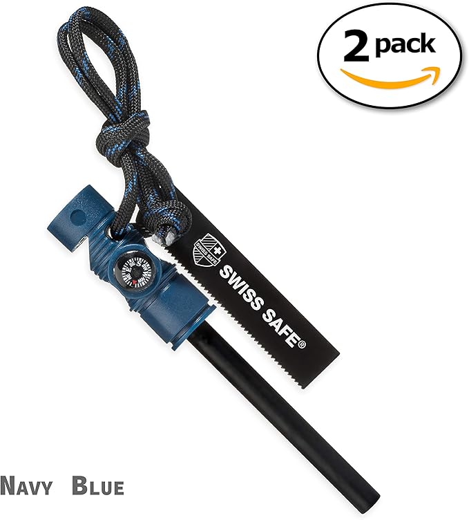 Swiss Safe 5-in-1 Fire Starter with Compass, Paracord and Whistle (2-Pack) for Emergency Survival Kits, Camping, Hiking, All-Weather Magnesium Ferro Rod