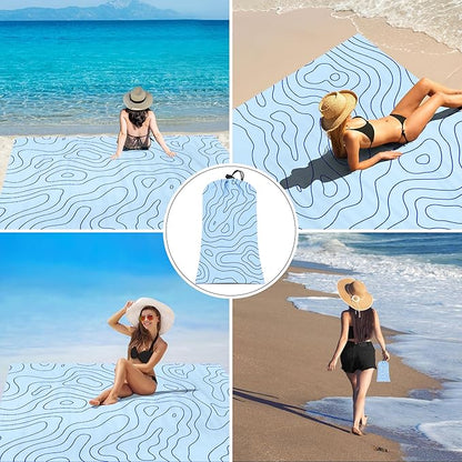 Beach Blanket Waterproof Sandproof, 78''×86'' Large Sand Free Picnic Blanket for 1-4 Adults, Big Foldable Blue Beach Travel Mat with 4 Stakes & Corner Pockets for Outdoor, Grass, Park, Patio