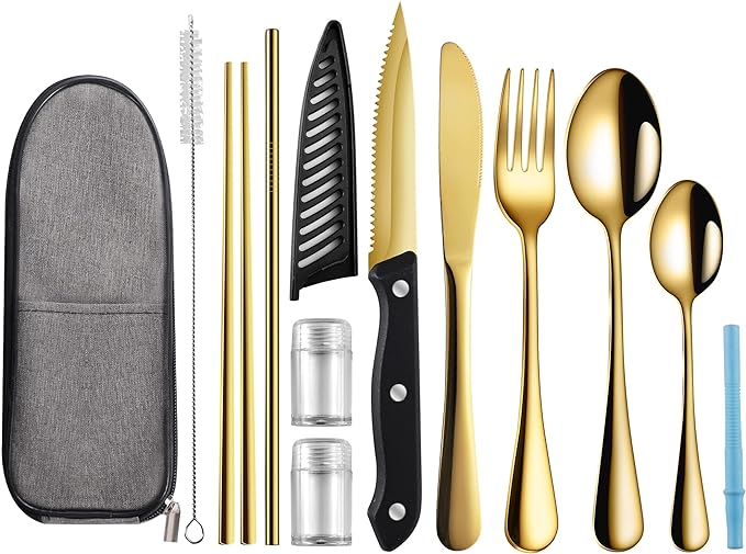 Portable Travel Utensils,Reusable Utensils,Travel Camping Cutlery Set,Stainless Steel Flatware Set with Case,Lunch Boxes Workplace Camping School Picnic (Gold)