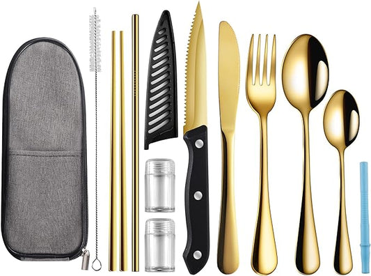 Portable Travel Utensils,Reusable Utensils,Travel Camping Cutlery Set,Stainless Steel Flatware Set with Case,Lunch Boxes Workplace Camping School Picnic (Gold)