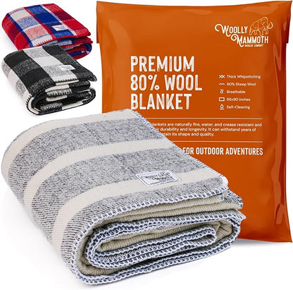 Woolly Mammoth Merino Wool Blanket- 66" x 90" 4 lbs Thick, Outdoor/Indoor Throw for Campfire, Picnic, Beach, Van Life, Home- Farmhouse Collection Heavy Duty Insulating Sleep Plaid, Navy/Cream Stripe