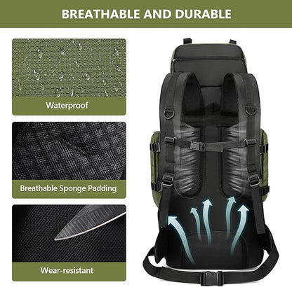 90L Hiking Backpack, Waterproof Camping Bag with Rain Cover, Lightweight Backpacking Back Pack - No Frame (Army Green)