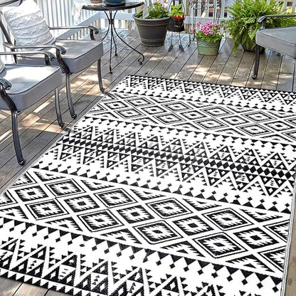 Waterproof Outdoor Rug 5x8ft, Bohemia Reversible Plastic Straw Mat for Patio RV Deck Porch Backyard Balcony Camping Picnic Beach Indoor Outdoor Carpet, Black&White