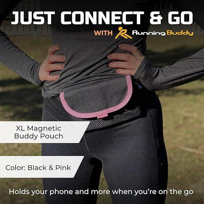Running Buddy Magnetic Buddy Pouch, Beltess, Chafe and Bounce Free, Runners Fanny Pack, Phone Holder, Great for Running, Walking, Traveling & More, for Men & Women - 6-3/4” L x 4” W - Black and Pink