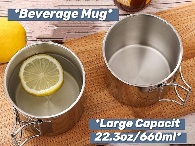 Stainless Steel Camping Mugs Outdoors Cup with Foldable Handle 2 Piece Set 660ml/22.3oz Great for Backpacking , Hiking, Hunting, Fishing and Survival Adventure