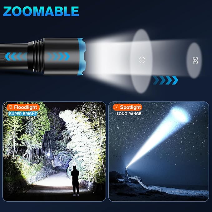 Led Flashlight, Recharge Tactical Flashlights High Lumens 10000, Zoomable Waterproof Flash Lights for Emergency, Outdoor, Home, Camping, Hiking
