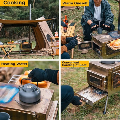 Outdoor Camping Stove Camp Tent Stove, Portable Wood Burning Stove with Chimney Pipe for Tent, Shelter, Camping Heating and Cooking (Pipe Diameter: 2.95")