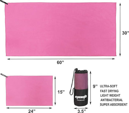 EPAuto 2-Pack Microfiber Fast Drying Travel Gym Towels, Pink, (60''x30'', 24''x15'')