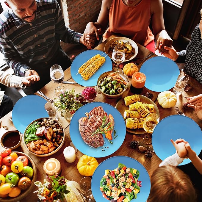 Wheat Straw Dinnerware Sets for 6, 31 Piece Unbreakable Outdoor Cutlery Set. Reusable plates and cups set for camping, picnics, RV trips, and party grills. (Blue)