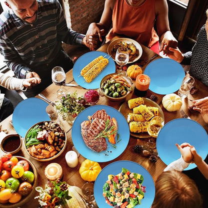 Wheat Straw Dinnerware Sets for 6, 31 Piece Unbreakable Outdoor Cutlery Set. Reusable plates and cups set for camping, picnics, RV trips, and party grills. (Blue)