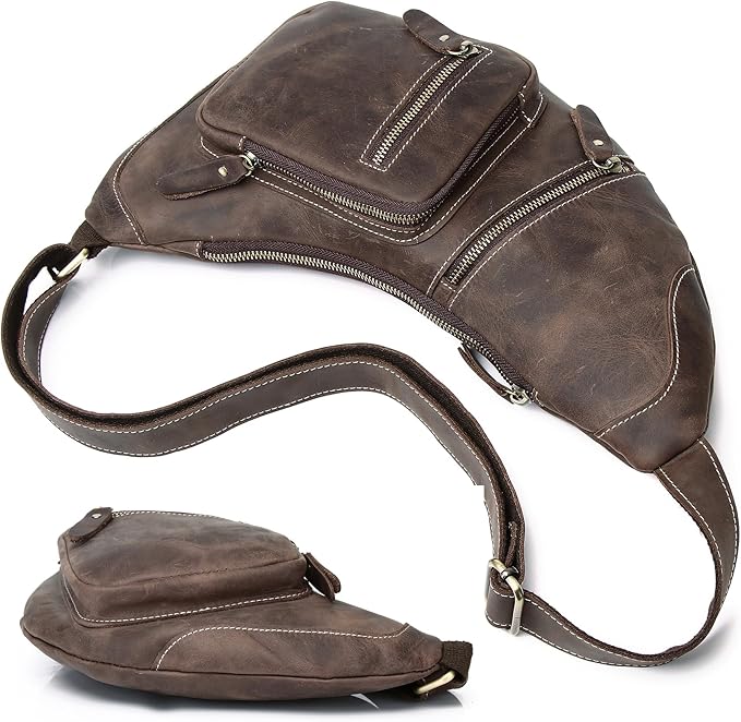 KPYWZER Full Grain Genuine Leather Sling Bag for Men Women Shoulder Backpack Satchel Crossbody Chest Casual Outdoor Daypack Deep Brown