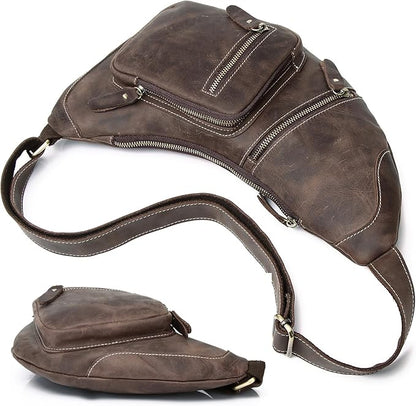 KPYWZER Full Grain Genuine Leather Sling Bag for Men Women Shoulder Backpack Satchel Crossbody Chest Casual Outdoor Daypack Deep Brown