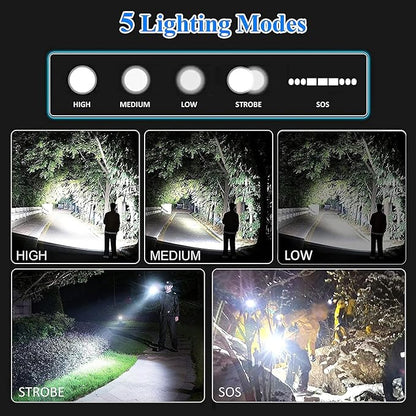 Rechargeable Handheld Flashlight - Super Bright - Zoomable - Adjustable Focus - 5 Modes - High Lumens - Waterproof IPx5 - Tactical for Emergencies, Hiking, Camping, Home & More., Black