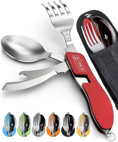 Orblue 4-in-1 Camping Utensils, 2-Pack - Portable Stainless Steel Spoon, Fork, Knife & Bottle Opener Combo Set - Travel, Backpacking Cutlery Multitool, Red