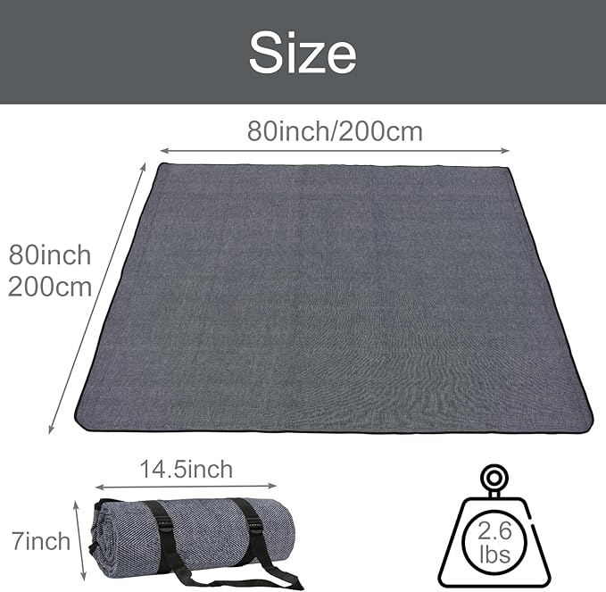 Large Outdoor Blanket, 80'' x 80'' Waterproof Soft Picnic Blanket for Park, Foldable Beach Blanket with Carry Strap, Portable Picnic Mat for Family, Friends Outdoor Together (Grey)