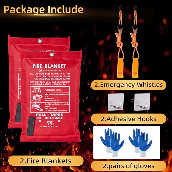 Emergency Fire Blanket 40" x 40" Fiberglass Fire Blanket Fire Suppression Blanket for Kitchen with Hooks Gloves Emergency Whistles Fireproof Blanket for Home Safety Camping (2)