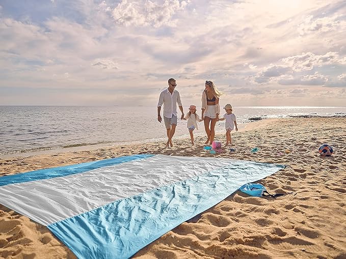 WEKAPO Beach Blanket Sandproof, Extra Large Beach Mat, Big & Compact Sand Free Mat Quick Drying, Lightweight & Durable with 6 Stakes & 4 Corner Pockets