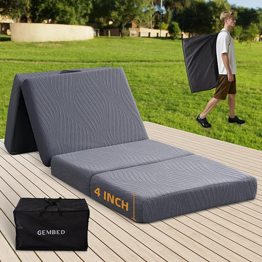 Memory Foam Camping Mattress Pad, 4 Inch Thick Waterproof Foldable Sofa Bed Floor Mattress, Portable Sleeping Pad for Adult, Sleeping Mat for Travel RV Camping Guest Yoga
