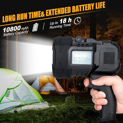 Spotlight Flashlight, 1000,000 Lumens Outdoor Spot Light, LED Rechargeable Spotlight Handheld, 8 Modes with Cob Light, 10800ɱAh, Flashlight for Camping Marine Boating Hunting, IPX6 Waterproof