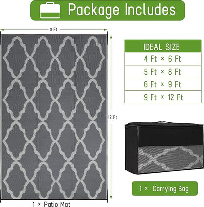 Easy-Going Reversible Outdoor Rugs 9x12ft Waterproof Plastic Straw Rug Stain & UV Resistant Floor Mat for Patio Porch RV Backyard Pool Deck Picnic Beach Trailer Camping (Moroccan Grey & Light Grey)