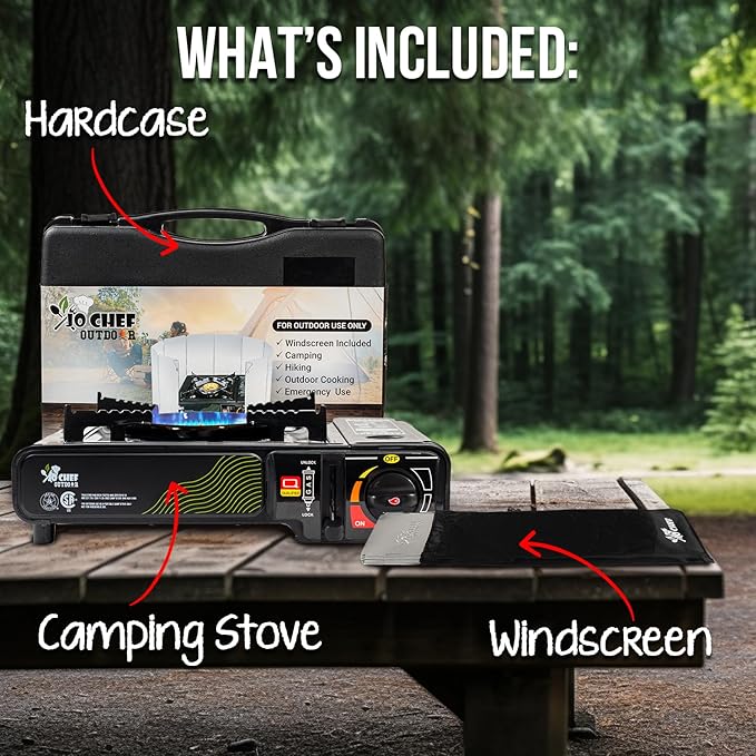 Jo Chef Butane Camping Stove - 9,500 BTU Portable Gas Stove - Ideal for Camping/Road Trips, Outdoor camp Stove Includes Windshield, CSA Certified, Brass Burner Fast Heat Up Time
