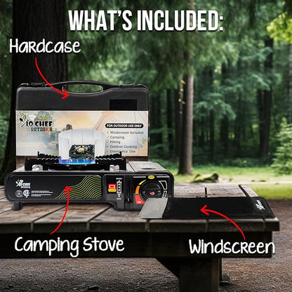 Jo Chef Butane Camping Stove - 9,500 BTU Portable Gas Stove - Ideal for Camping/Road Trips, Outdoor camp Stove Includes Windshield, CSA Certified, Brass Burner Fast Heat Up Time