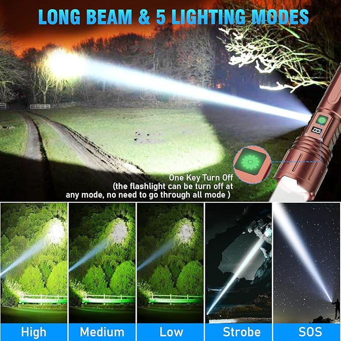 Flashlights 20000 High Lumens Rechargeable - 1500 Meters Long Beam Super Bright LED Flash Light with Power Display & IPX5 Waterproof for Camping, 20H Runtime,5 Modes,Zoomable Handheld Flashlight-Brown