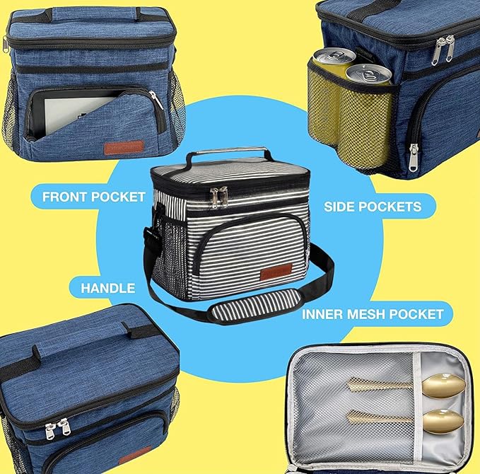 ExtraCharm Insulated Lunch Bag for Women/Men - Reusable Lunch Box for Office Picnic Hiking Beach - Leakproof Cooler Tote Bag Organizer with Adjustable Shoulder Strap for Adults - Stripe