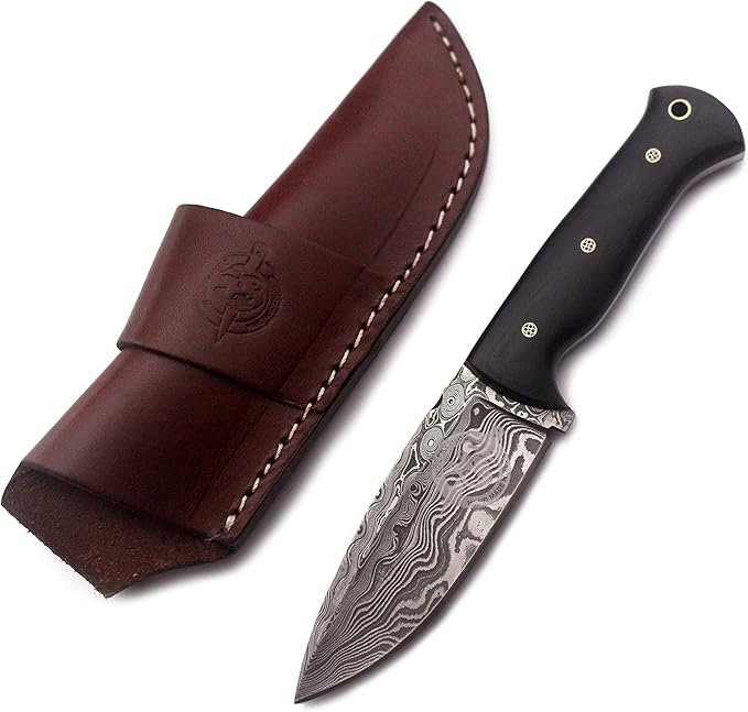Handmade Damascus Steel Knife for Hunting,Survival,Camping,Bushcraft,and Fishing- Fixed Blade- Dagger with Drop Point Full Tang Micarta Handle-with Cowhide Leather Sheath DCX 22 -300