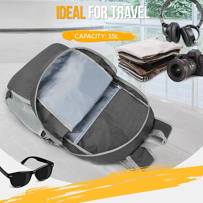 ZOMAKE Lightweight Packable Backpack 35L - Light Foldable Backpacks Water Resistant Collapsible Hiking Backpack - Compact Folding Day Pack for Travel Camping(Dimgray)