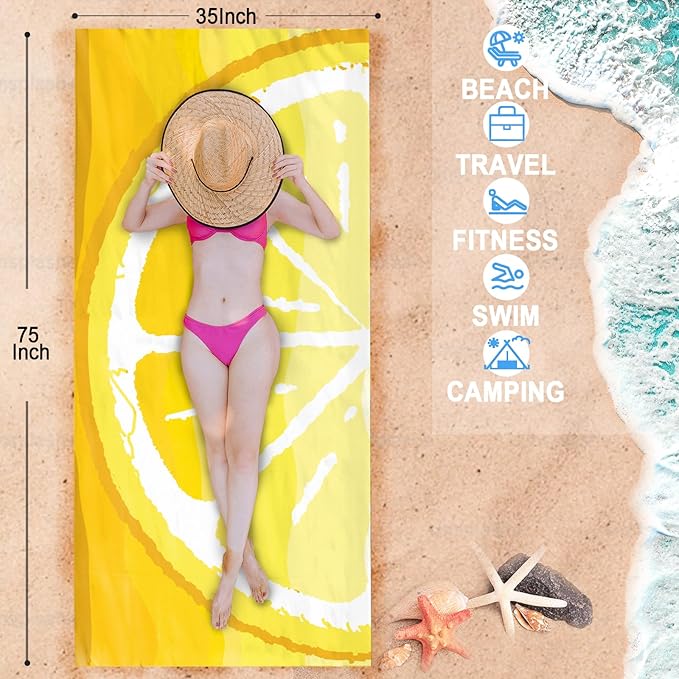 Bnuitland Lemon Pattern Beach Towel (35X75 inches), Oversized Quick Drying Absorbent Sand Free, Cute Towels for Travel Swimming Pool Picnic, 88% Polyester and 12% Polyamide,Yellow