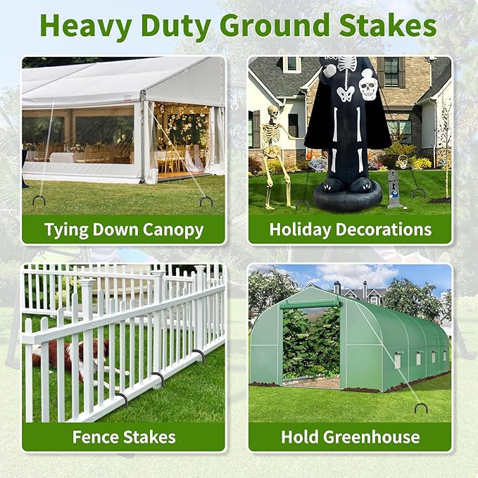 12 Inches Trampoline Wind Stakes, Heavy Duty U Stakes for Ground, 8-Pack Trampoline Tie Down Anchor Kit for Swing Set and Soccer Goal Galvanized Steel Anchors Black