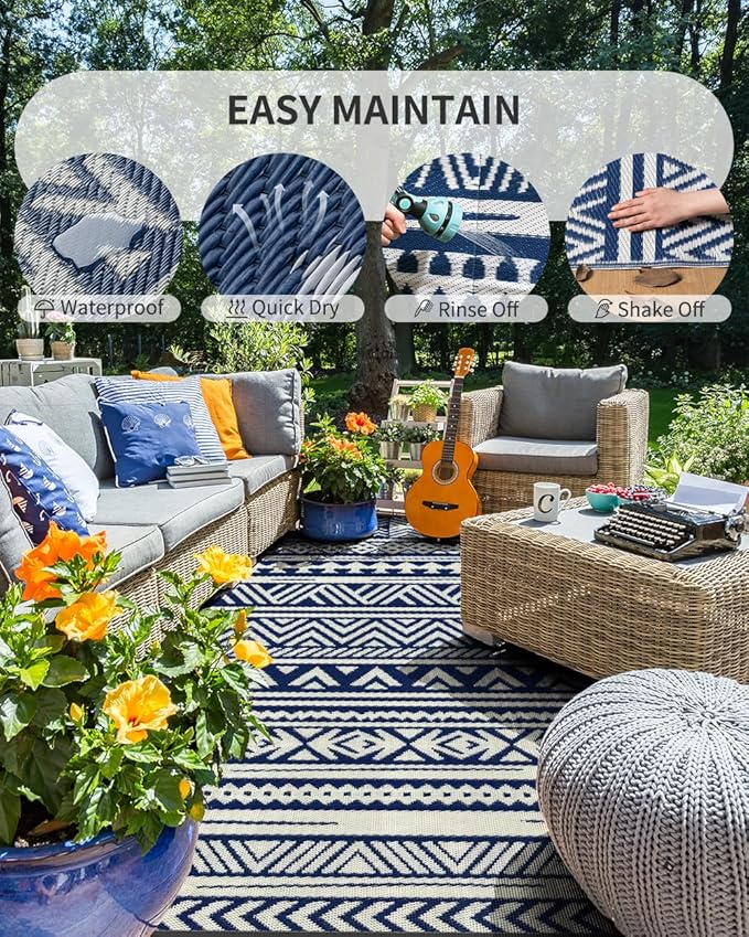 MontVoo-Outdoor Rug Carpet Waterproof 5x8 ft Reversible Patio Rug RV Camping Rug-Plastic Straw Rug Outside Indoor Outdoor Area Rug for Patio Deck Balcony Picnic Beach Outdoor Decor Boho Navy Blue