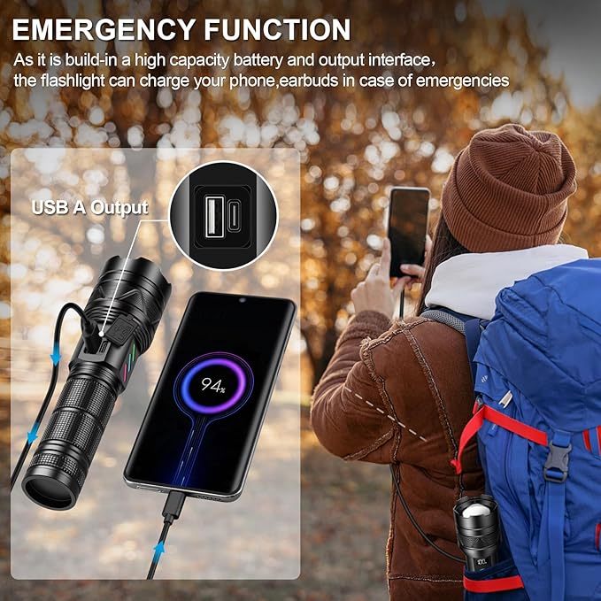 Rechargeable Flashlights 1000000 High Lumens, Long Range 5000ft, Super Bright LED Flashlight USB C, High Powerd Multi-functional Heavy Duty Strong Flash Light High Beam, For Emergency Security Camping