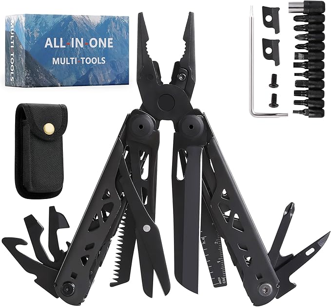 32-in-1 Wingman Multitool with Spring-Action Pliers and Scissors.Premium Replaceable screwdriver head and Wire Cutters Saw.Wave+ Stainless steel multi tools with Nylon sheath(Black)