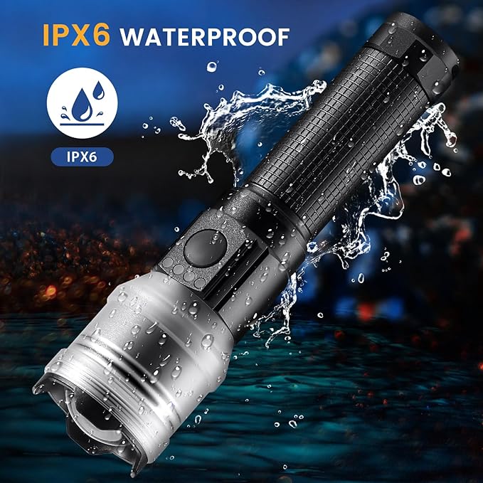Flashlight Rechargeable 10000 High Lumens, Super Bright Flashlight Zoomable, Compact Flashlight Rechargeable USB-C, 6 Modes Handheld Flashlight Suitable for Home Emergency, Outdoor, Hiking, Camping