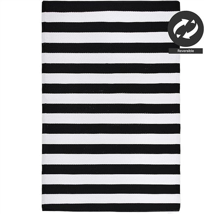 FH Home Outdoor Camping Rug - Waterproof, Fade Resistant, Reversible - Premium Recycled Plastic - Striped - Large Patio, Deck, Sunroom, RV - Brittany Stripe - Black & White - 9 x 12 ft Foldable