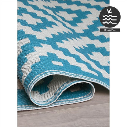 FH Home Outdoor Rug - Waterproof, Fade Resistant, Reversible - Premium Recycled Plastic - Geometric - Patio, Porch, Deck, Balcony - Aztec - Teal & White Crease Free - 5 x 8 ft