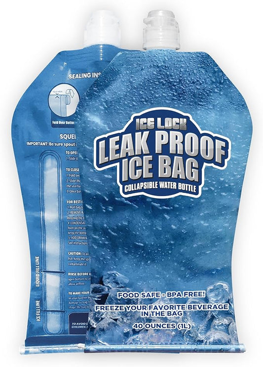 Leak Proof Ice Bag Reusable (2.5 lbs) - Premium Lunch Box Ice Packs Reusable - 40 oz Refillable Collapsible Water Bottles (Pack of 2)